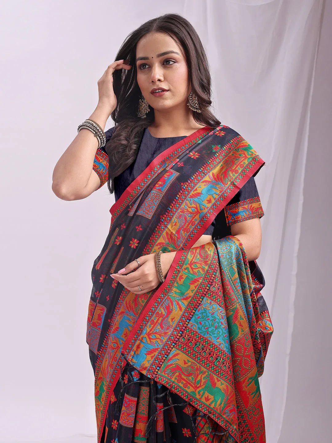 Navy Blue Linen Cotton Saree With Blouse Piece - EZBER