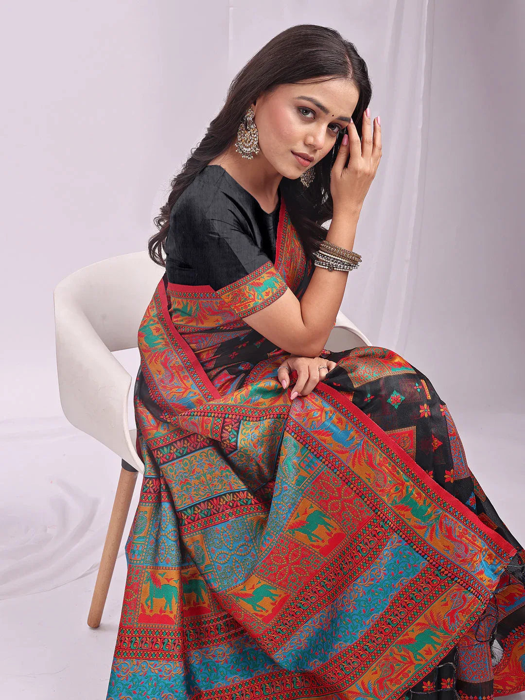 Black Linen Cotton Saree With Blouse Piece - EZBER