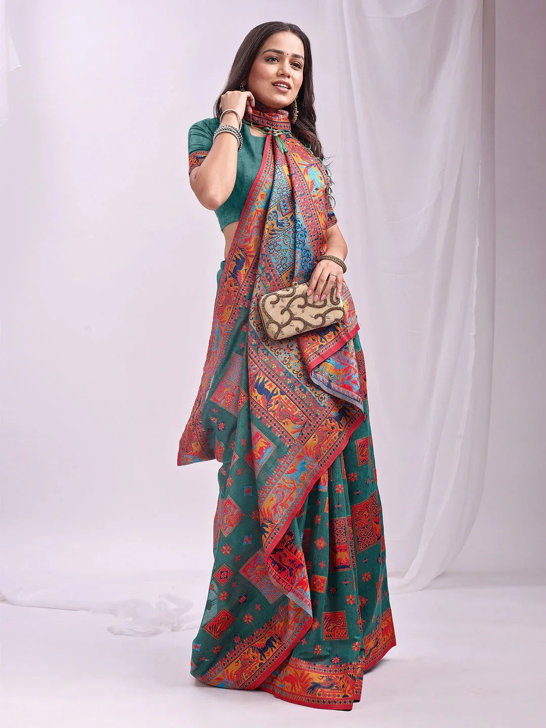 Rama Green Linen Cotton Saree With Blouse Piece - EZBER