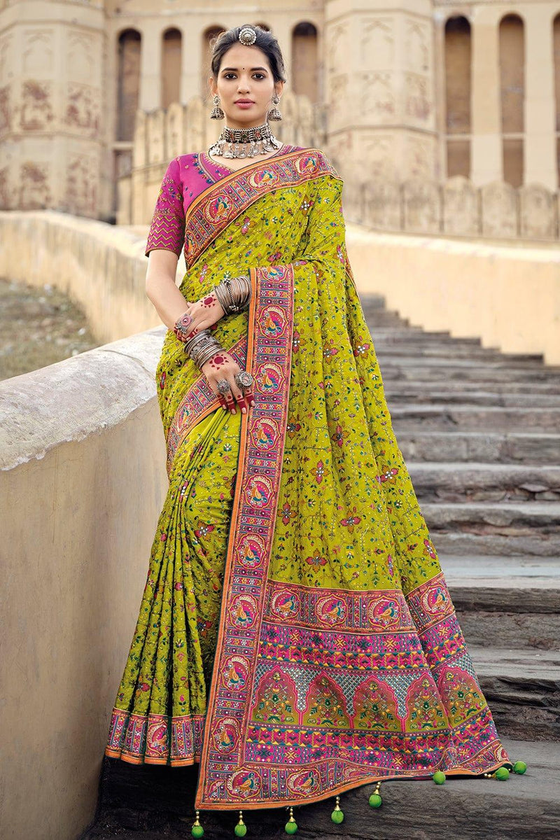 Lime Green Banarasi Saree - EZBER