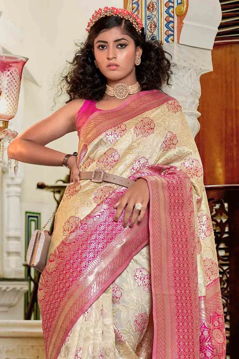 Beige And Peach Banarasi Saree - EZBER