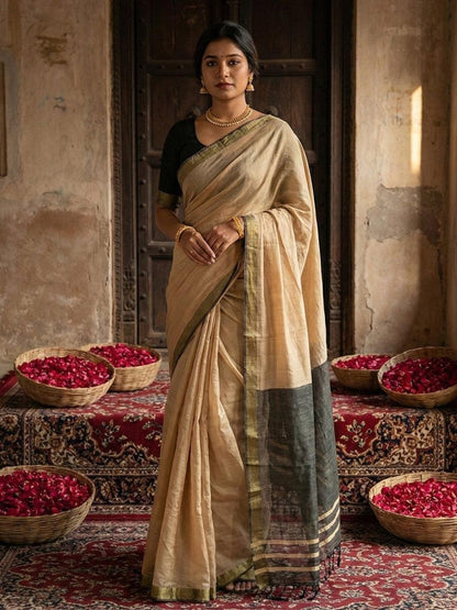 Beige Cotton Handloom Saree | EZB SI04 SUVAR2006 - EZBER