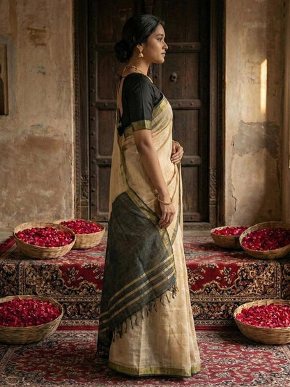 Beige Cotton Handloom Saree | EZB SI04 SUVAR2006 - EZBER