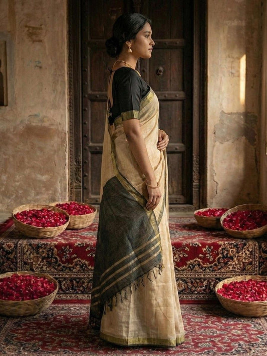 Beige Cotton Handloom Saree | EZB SI04 SUVAR2006 - EZBER