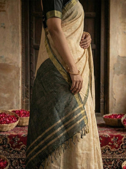 Beige Cotton Handloom Saree | EZB SI04 SUVAR2006 - EZBER