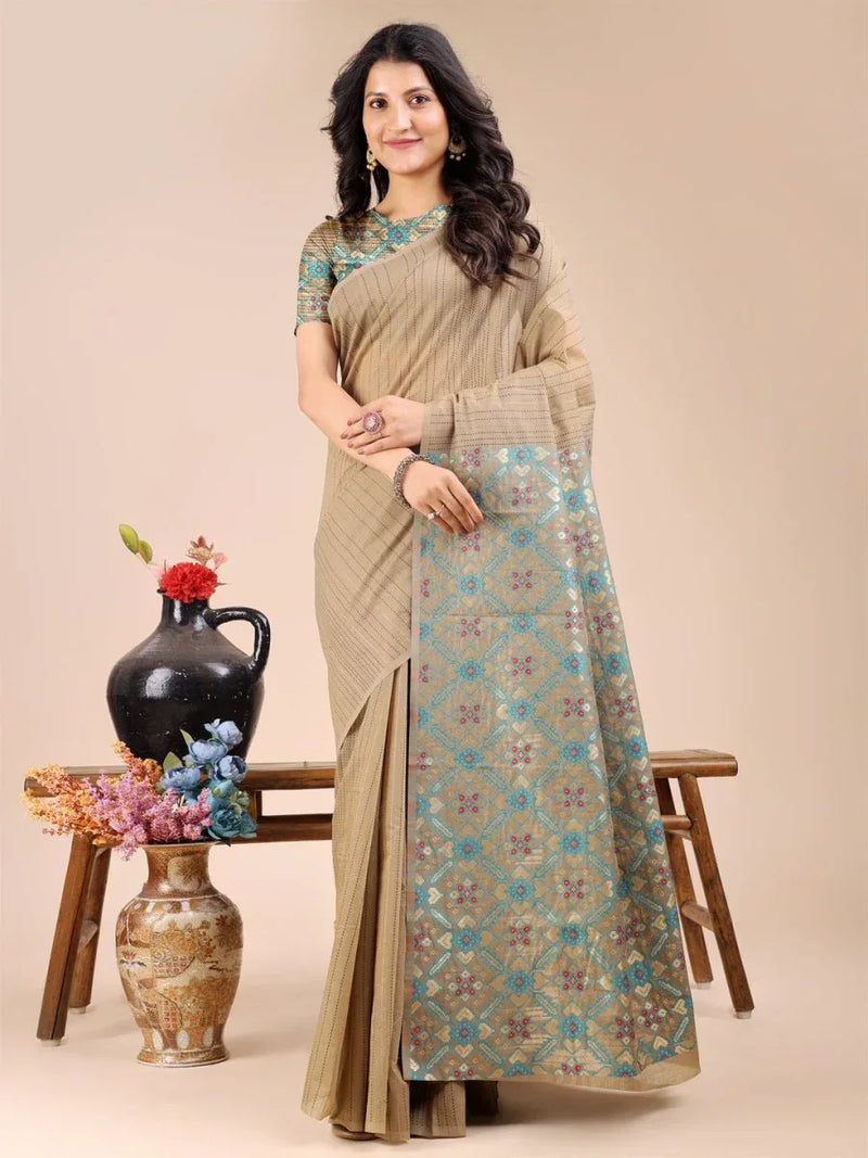 Beige Cotton Saree With Blouse Piece - EZBER