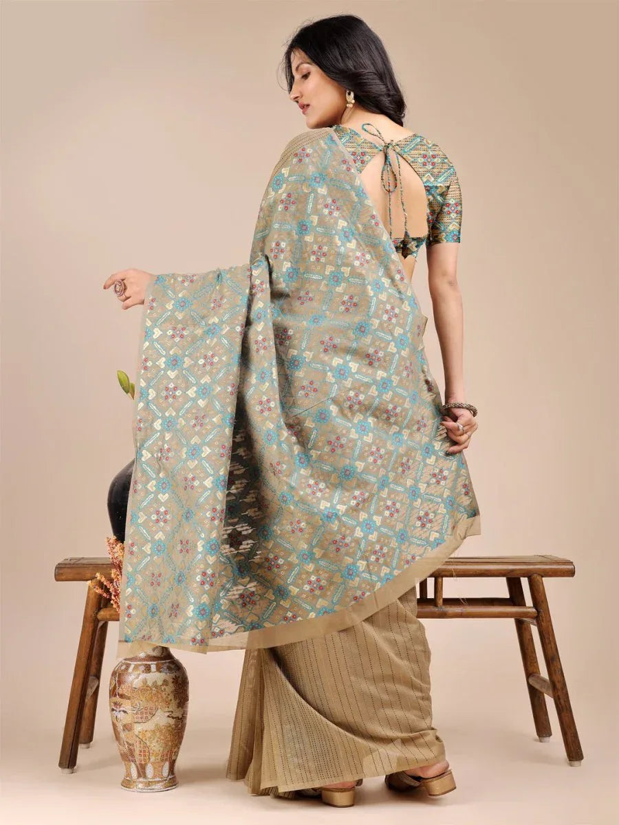 Beige Cotton Saree With Blouse Piece - EZBER
