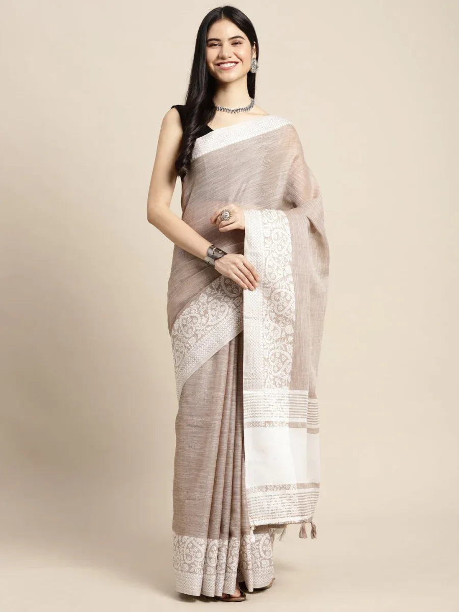 Beige GLORY LINEN Saree with Blouse Piece - EZBER