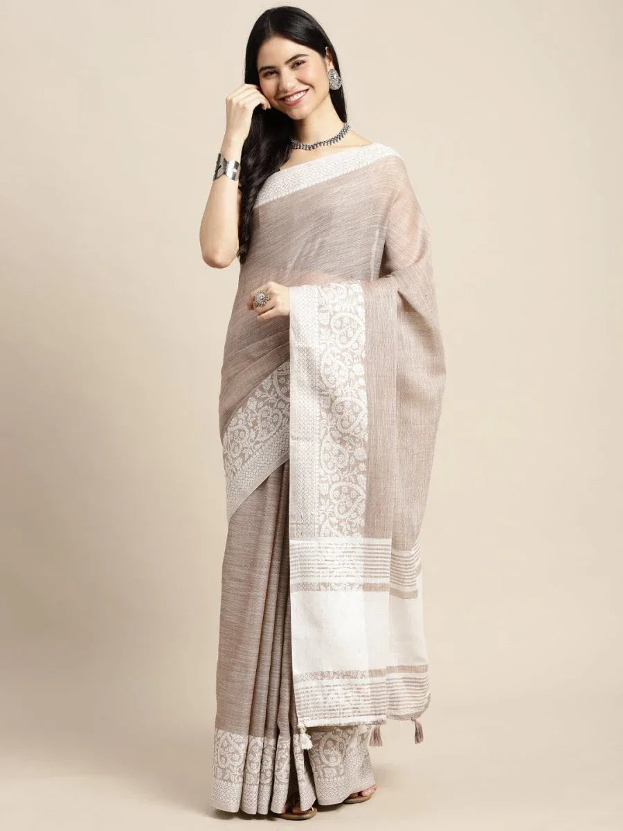 Beige GLORY LINEN Saree with Blouse Piece - EZBER