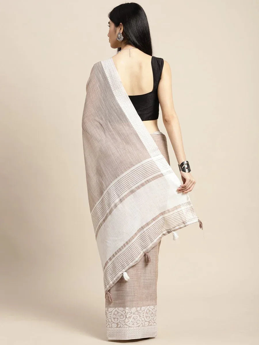 Beige GLORY LINEN Saree with Blouse Piece - EZBER