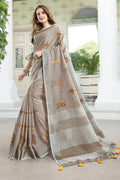 Beige Linen Blend Cotton Saree With Blouse Piece - EZBER