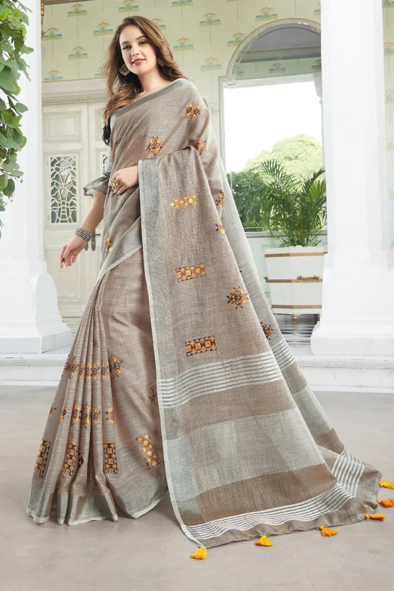 Beige Linen Blend Cotton Saree With Blouse Piece - EZBER