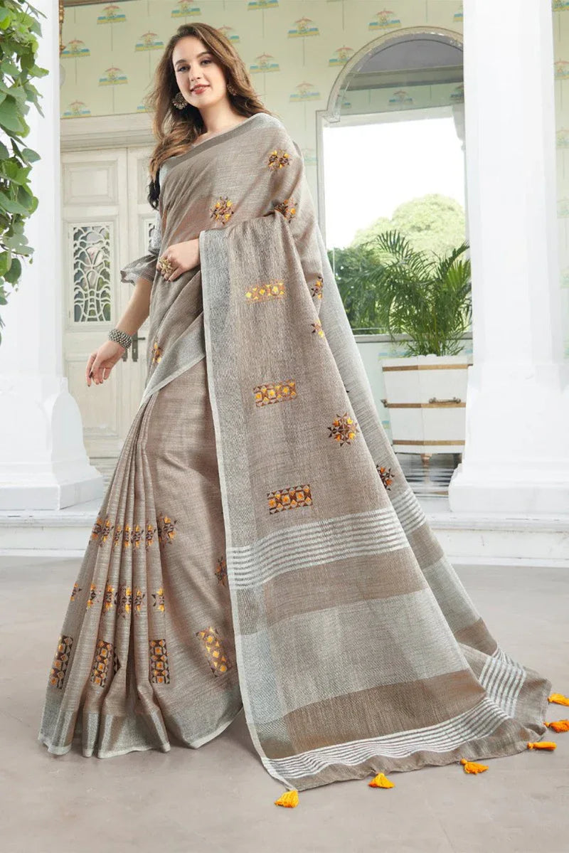 Beige Linen Blend Cotton Saree With Blouse Piece - EZBER