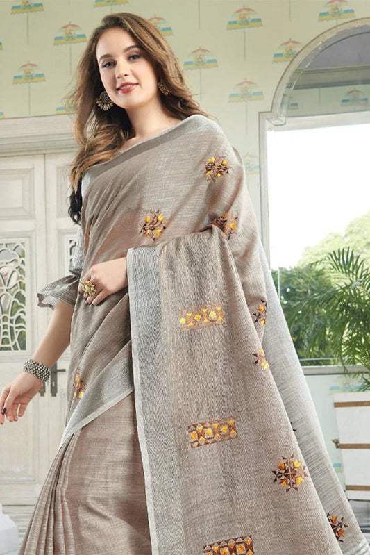Beige Linen Blend Cotton Saree With Blouse Piece - EZBER