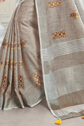 Beige Linen Blend Cotton Saree With Blouse Piece - EZBER