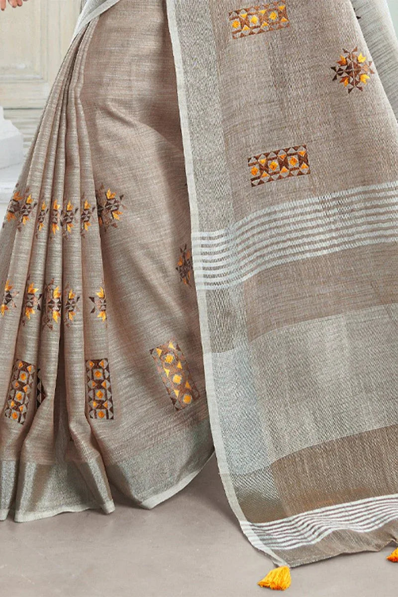 Beige Linen Blend Cotton Saree With Blouse Piece - EZBER