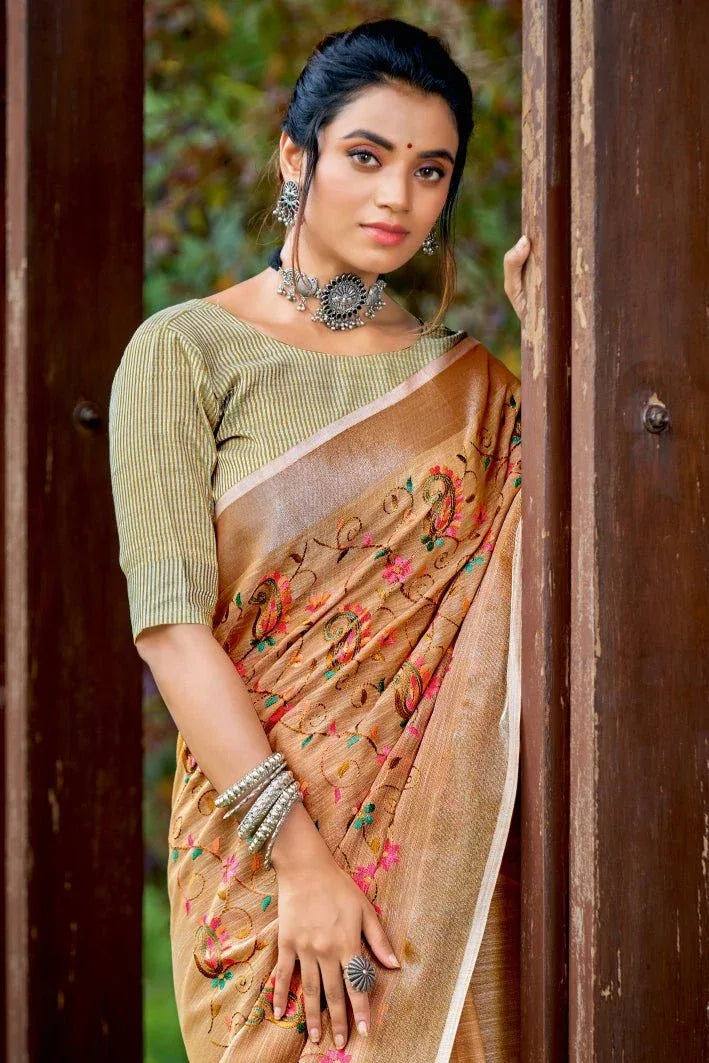 Beige Linen Blend Saree - EZBER