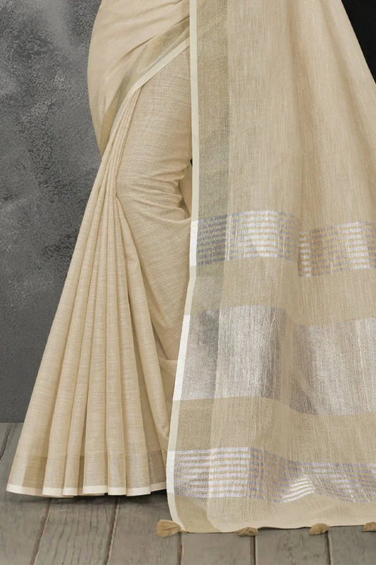 Beige Linen Blend Saree - EZBER