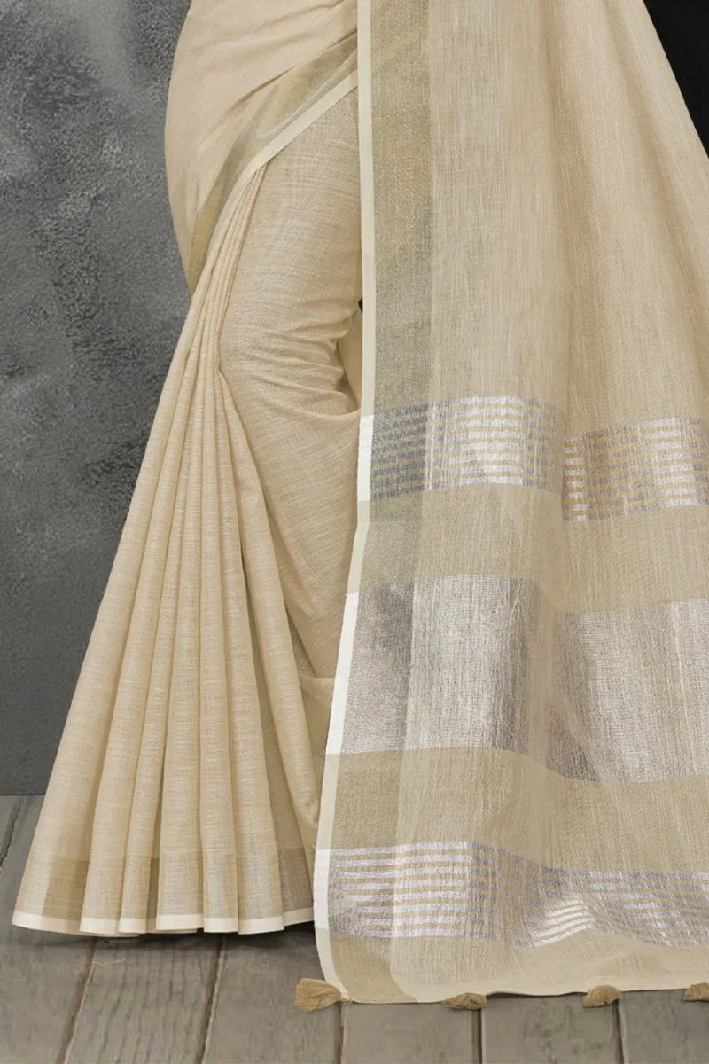 Beige Linen Blend Saree - EZBER