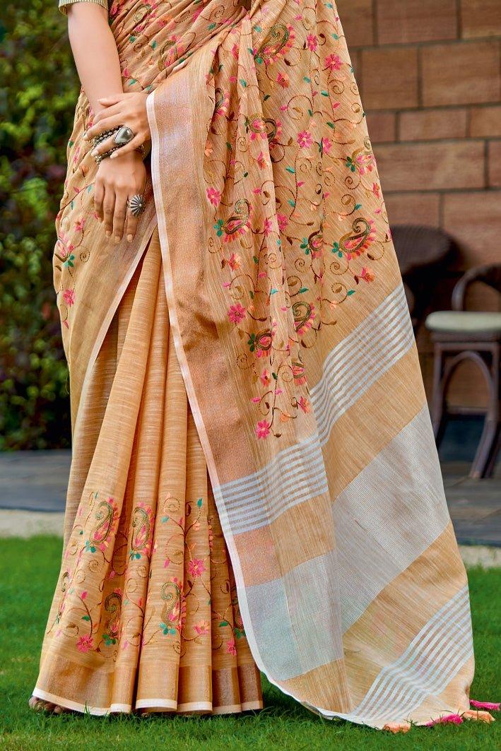 Beige Linen Blend Saree - EZBER