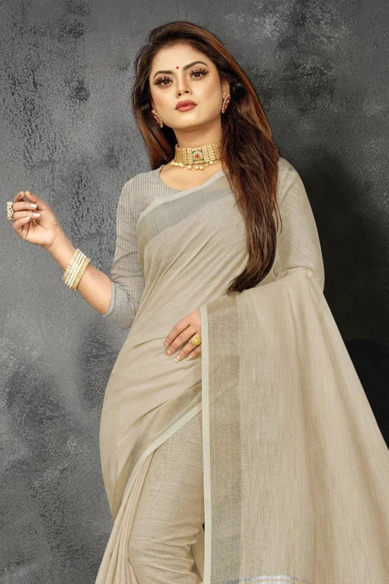 Beige Linen Blend Saree - EZBER