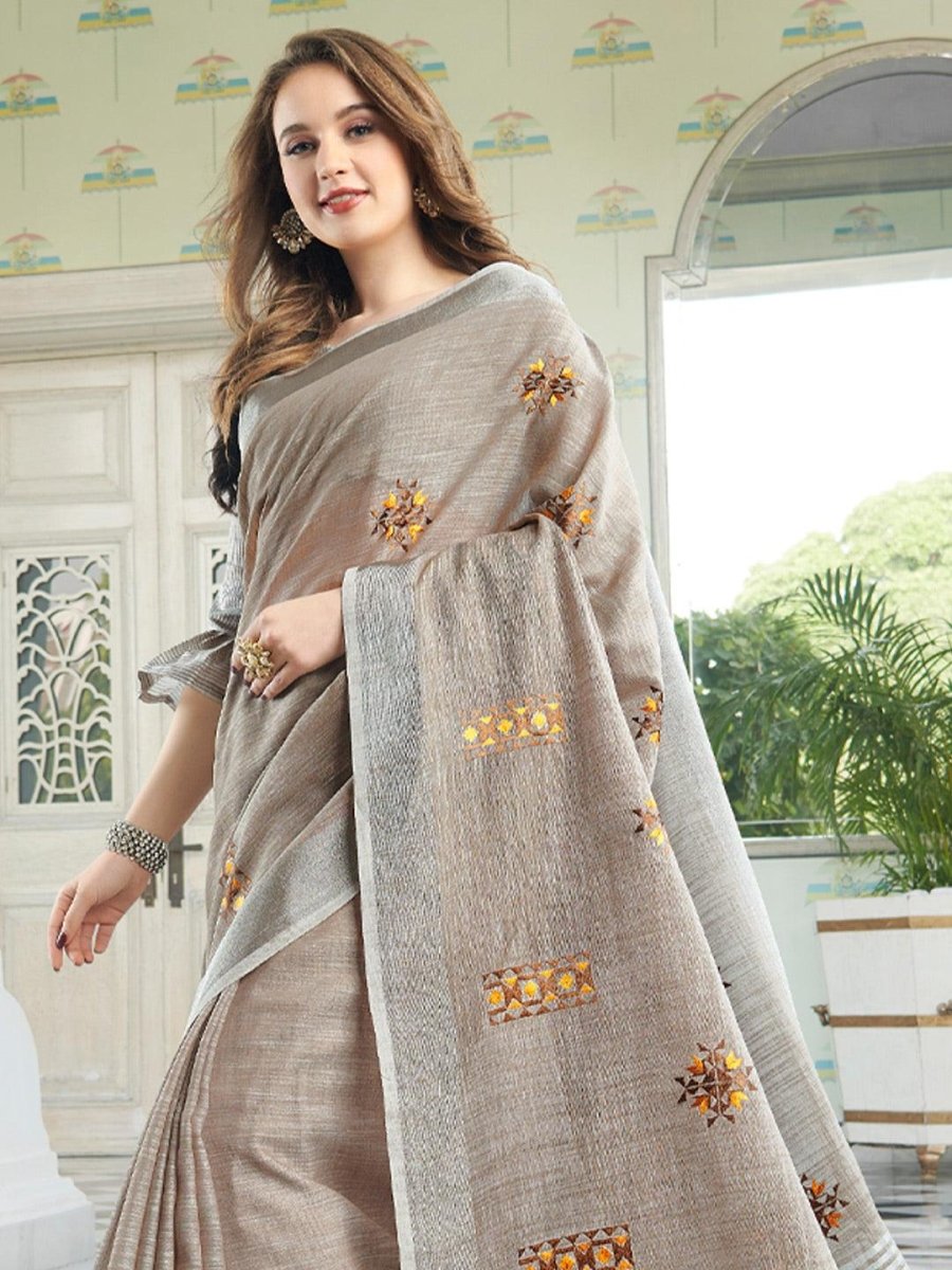 Beige Linen Cotton Handloom Saree | EZB SI04 SGAMY24003 - EZBER
