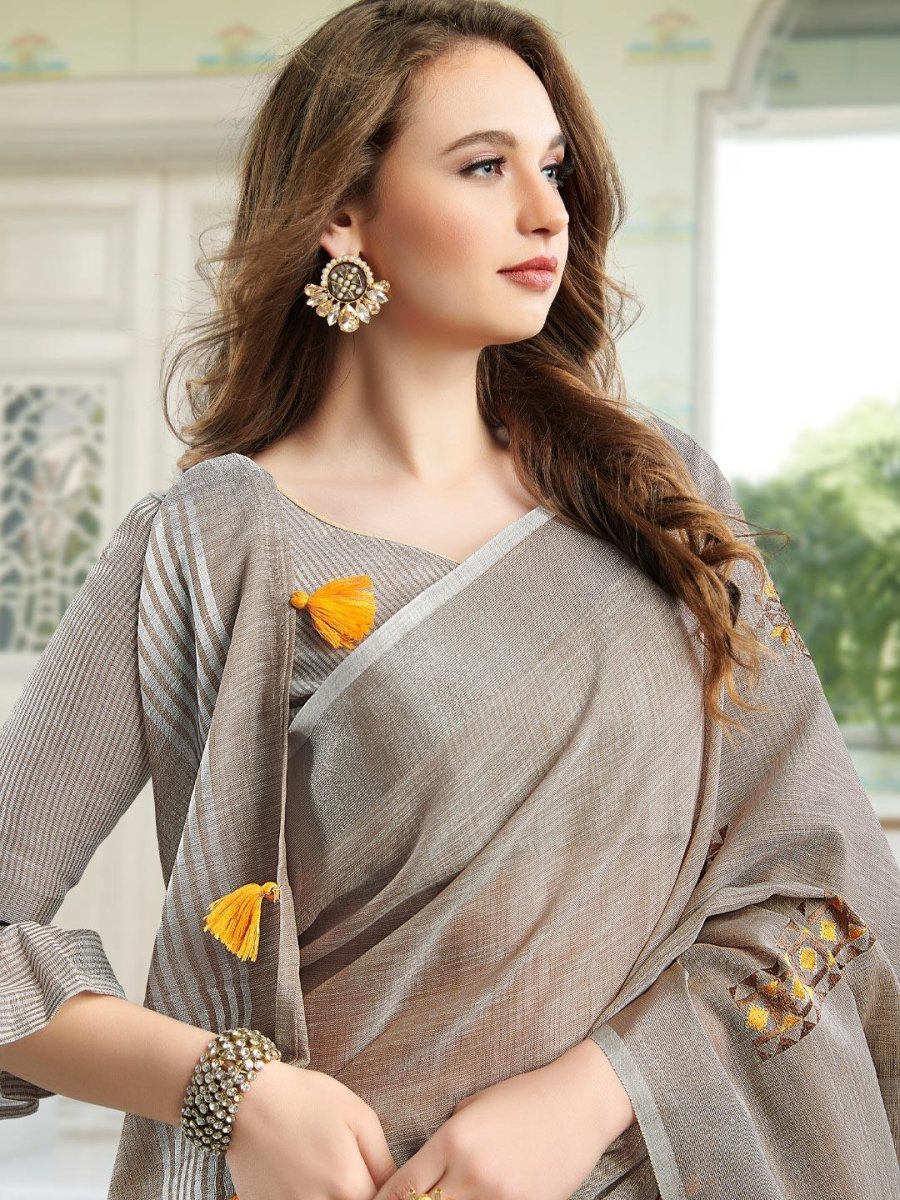 Beige Linen Cotton Handloom Saree | EZB SI04 SGAMY24003 - EZBER