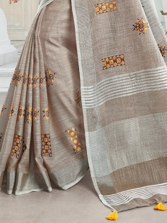 Beige Linen Cotton Handloom Saree | EZB SI04 SGAMY24003 - EZBER