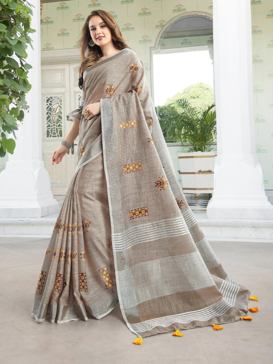 Beige Linen Cotton Handloom Saree | EZB SI04 SGAMY24003 - EZBER