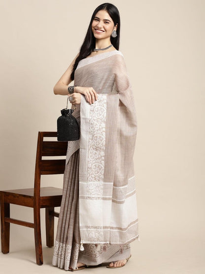 Beige Linen Cotton Handloom Saree | EZB SI04 SGGLO-3006 - EZBER