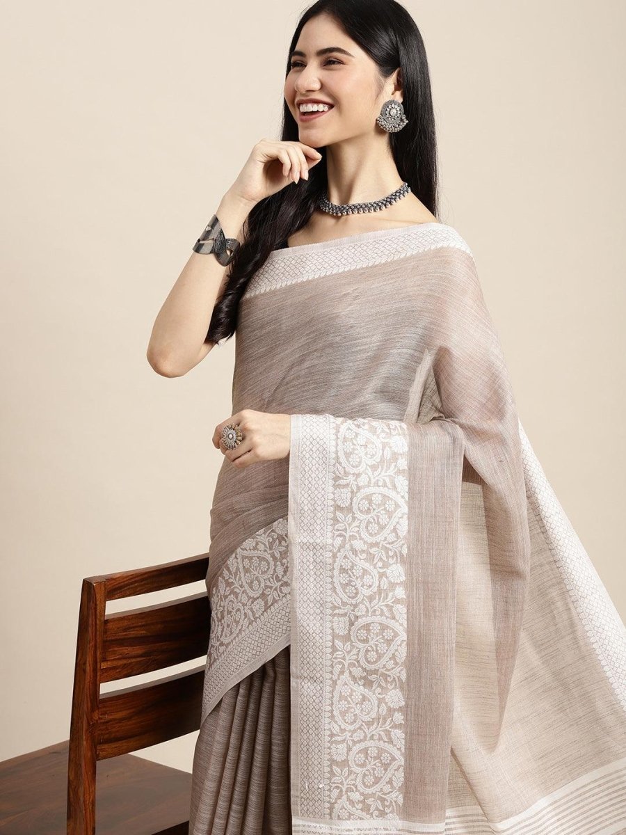 Beige Linen Cotton Handloom Saree | EZB SI04 SGGLO-3006 - EZBER