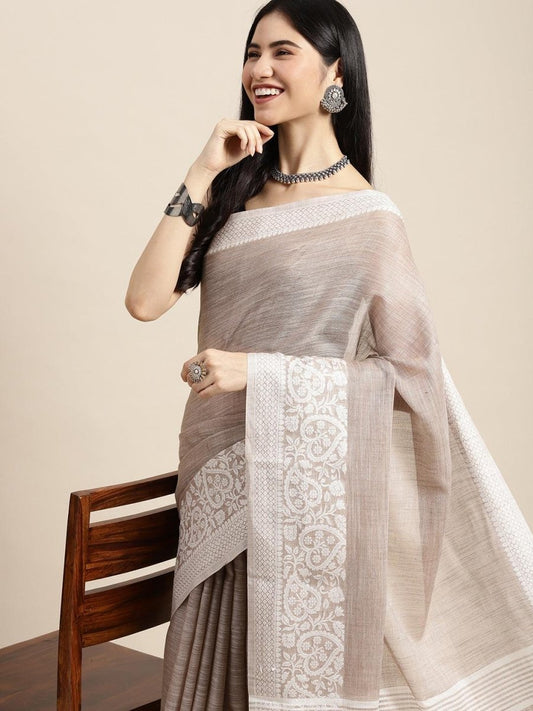 Beige Linen Cotton Handloom Saree | EZB SI04 SGGLO-3006 - EZBER