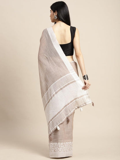 Beige Linen Cotton Handloom Saree | EZB SI04 SGGLO-3006 - EZBER