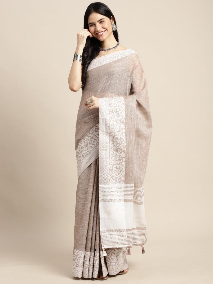Beige Linen Cotton Handloom Saree | EZB SI04 SGGLO-3006 - EZBER