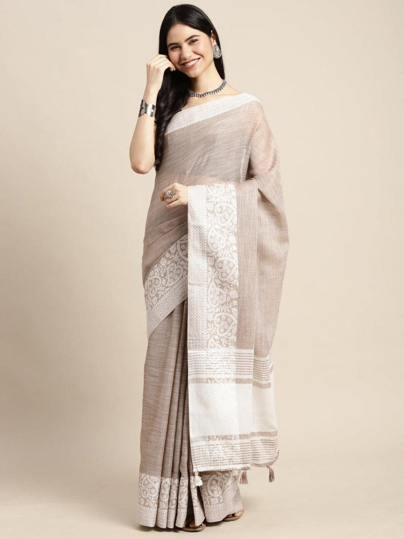 Beige Linen Cotton Handloom Saree | EZB SI04 SGGLO-3006 - EZBER