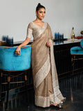 Beige Linen Saree With Blouse Piece - EZBER
