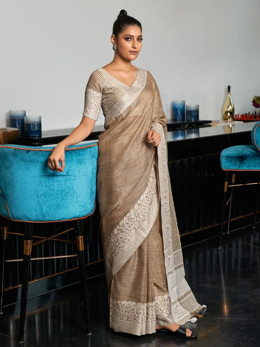 Beige Linen Saree With Blouse Piece - EZBER