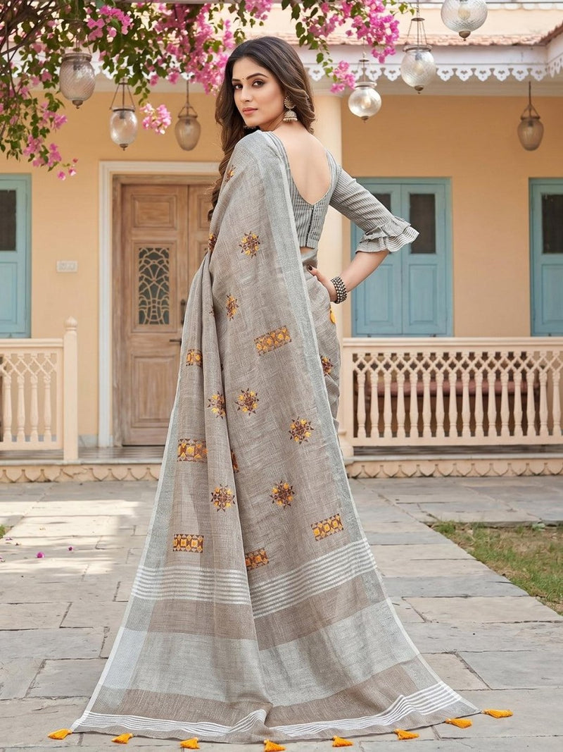 Beige Linen Stripe N Floral Saree | EZB SI04 SRAMY24003 - EZBER