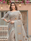 Beige Linen Stripe N Floral Saree | EZB SI04 SRAMY24003