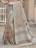 Beige Linen Stripe N Floral Saree | EZB SI04 SRAMY24003 - EZBER