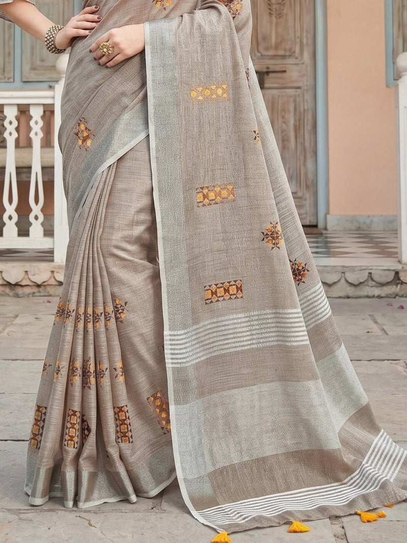 Beige Linen Stripe N Floral Saree | EZB SI04 SRAMY24003 - EZBER