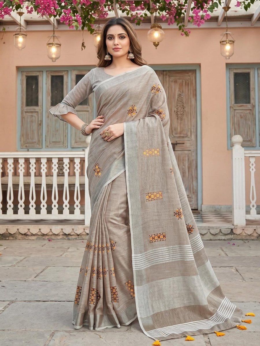 Beige Linen Stripe N Floral Saree | EZB SI04 SRAMY24003 - EZBER