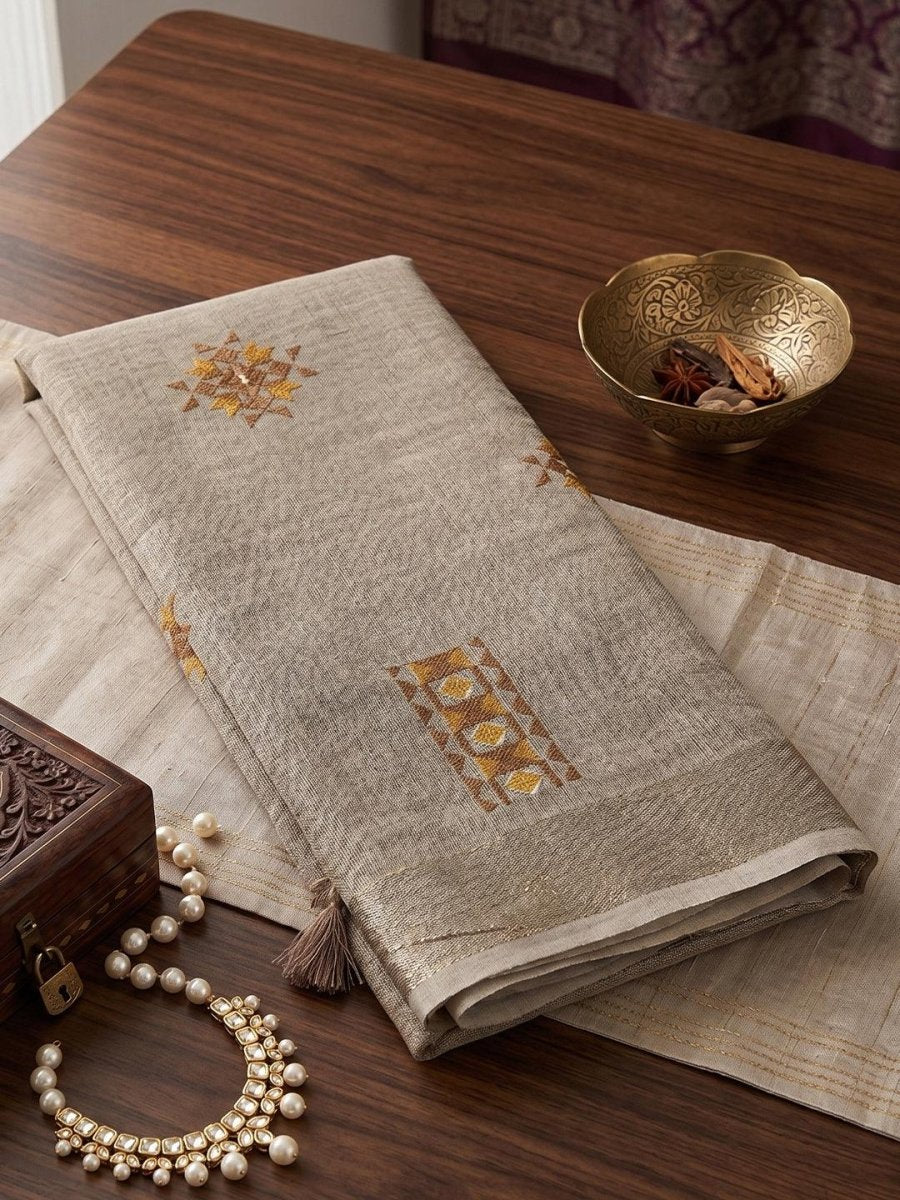 Beige Linen Stripe N Floral Saree | EZB SI04 SRAMY24003 - EZBER