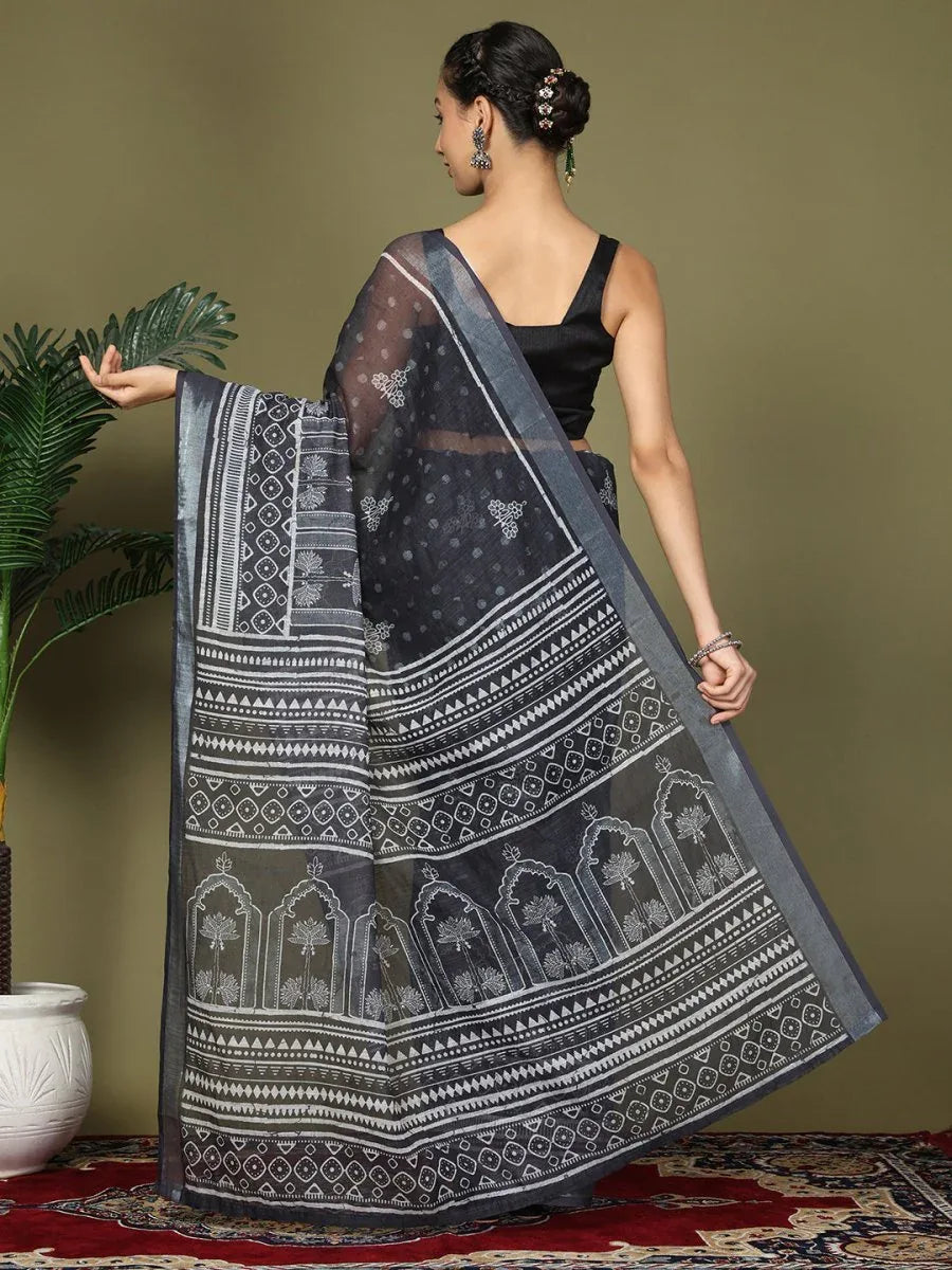 Black Cotton Saree With Blouse Piece - EZBER