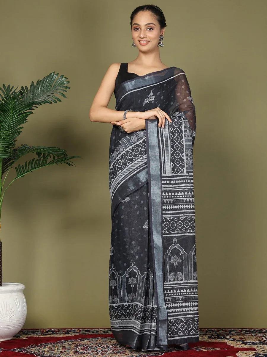 Black Cotton Saree With Blouse Piece - EZBER
