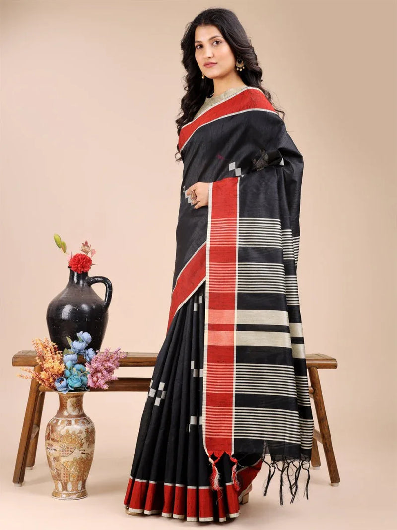 Black Cotton Saree With Blouse Piece - EZBER