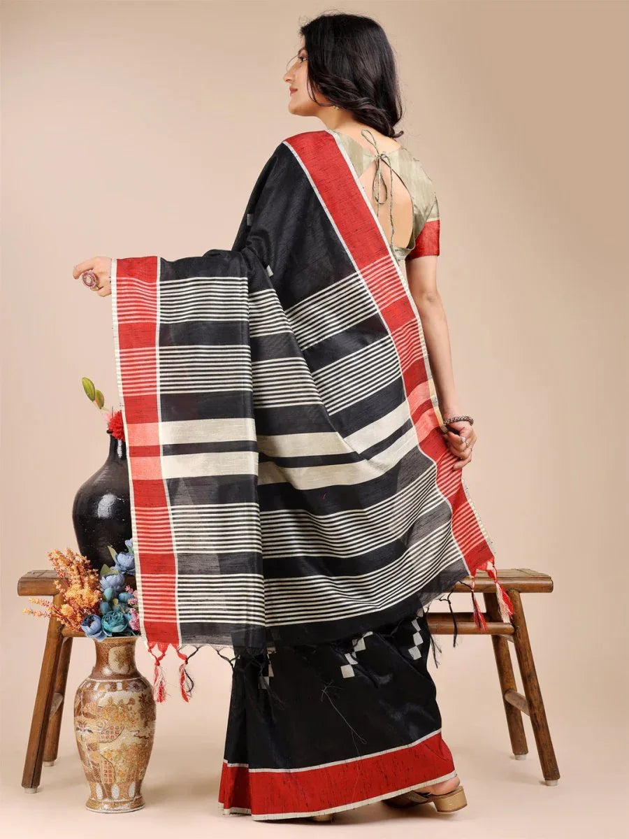 Black Cotton Saree With Blouse Piece - EZBER