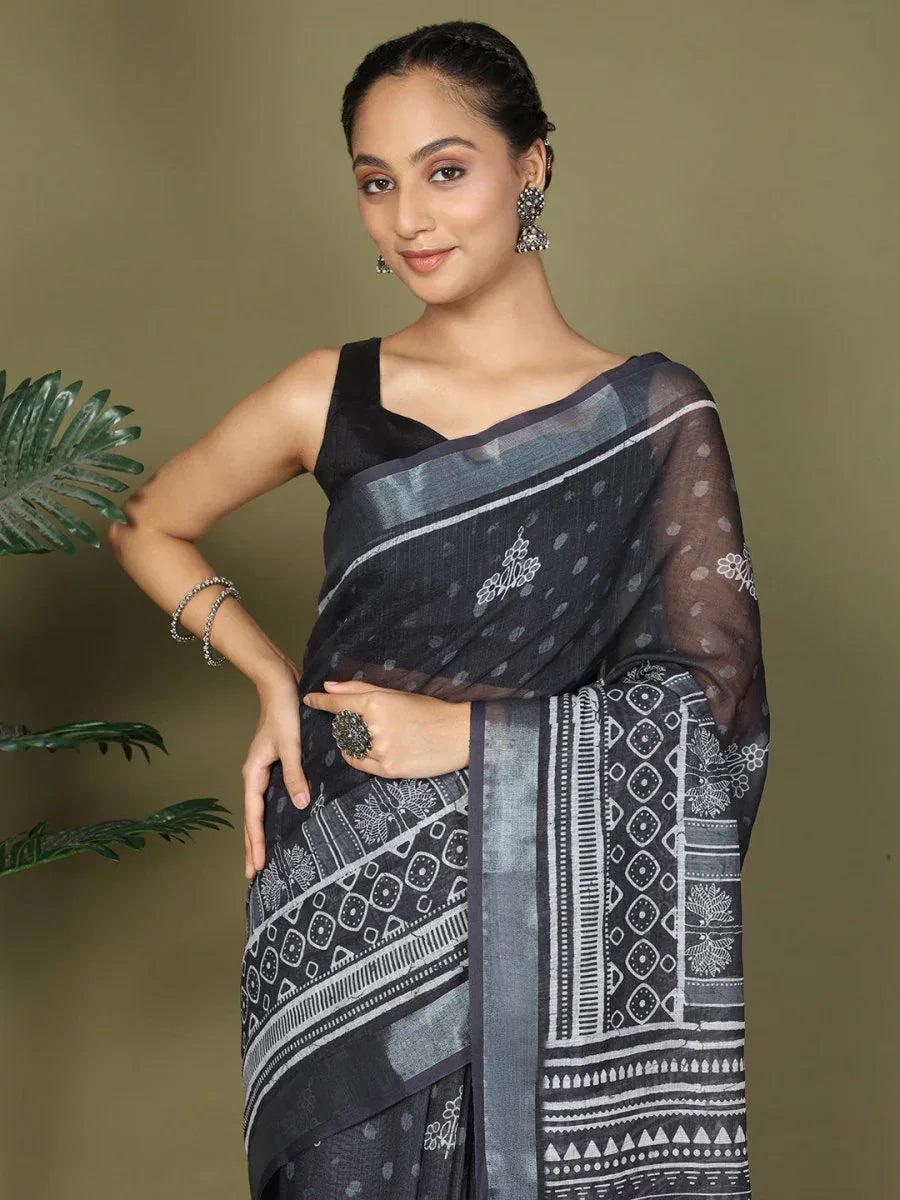 Black Cotton Saree With Blouse Piece - EZBER