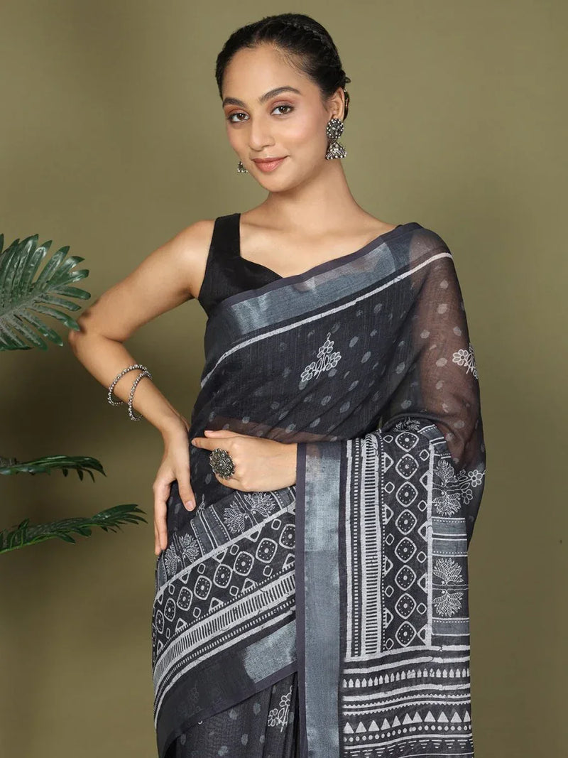 Black Cotton Saree With Blouse Piece - EZBER