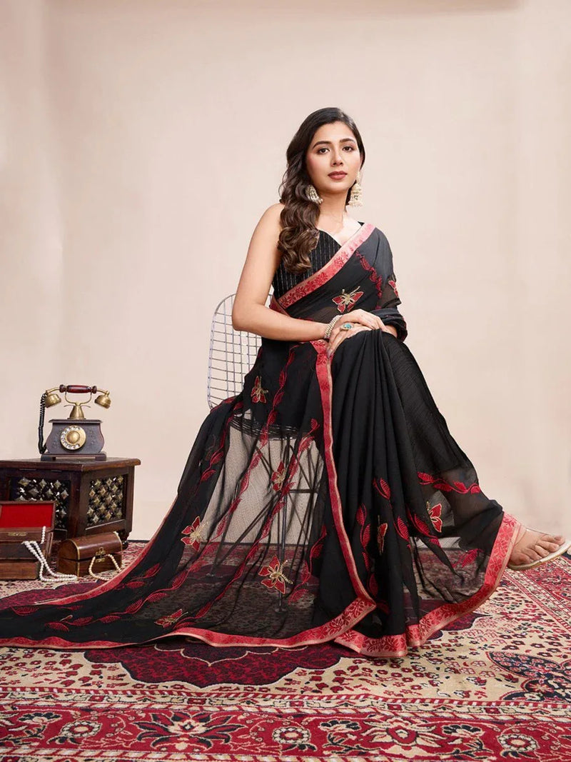 Black Georgette Saree With Blouse Piece - EZBER